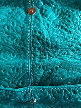 Teal Leather Cross Body Bag with Intricate Stitching